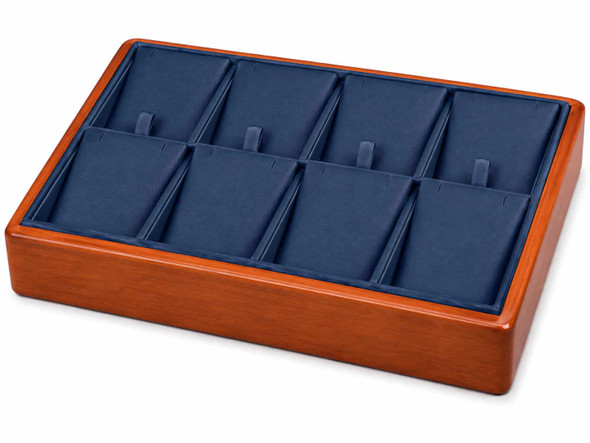 Blue Faux Leather Stackable Pendant & Earring Display Tray with Glossy Honey Oak Trim – 8 Removable Cards - 9"x6"