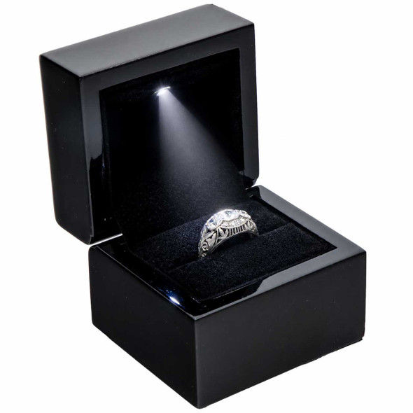 Glossy Blackwood LED Ring Box with Black Velvet Interior - LEDWR3-BK