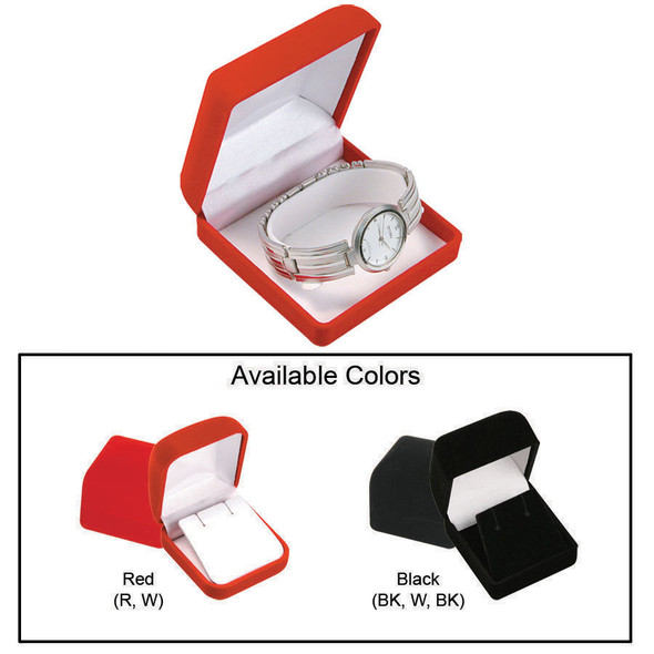 Soft Flocked Velour Bangle/Watch Box, 3 3/8” x 3 1/2” x 1 3/4”, Available in Red or Black ~ Sold 12 Pieces Per Pack, $3.25 per piece