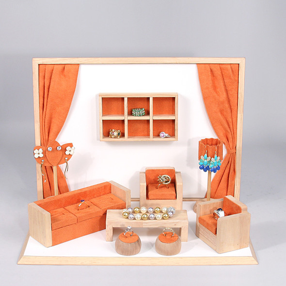Display set (orange suede,wood trim),10pcs,16.5x10.25x12"H