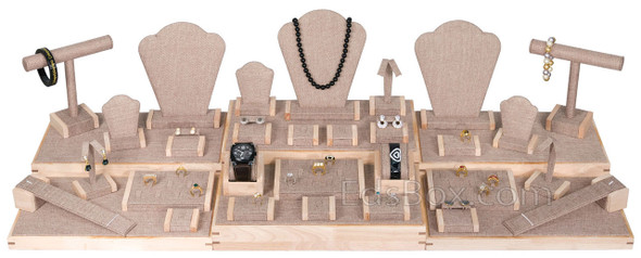 Natural Wood Trim with Burlap Jewelry Display Set, 35 Pieces Included, 44 1/4” x 16 1/2” x 10 3/4”H (SET55-N3)