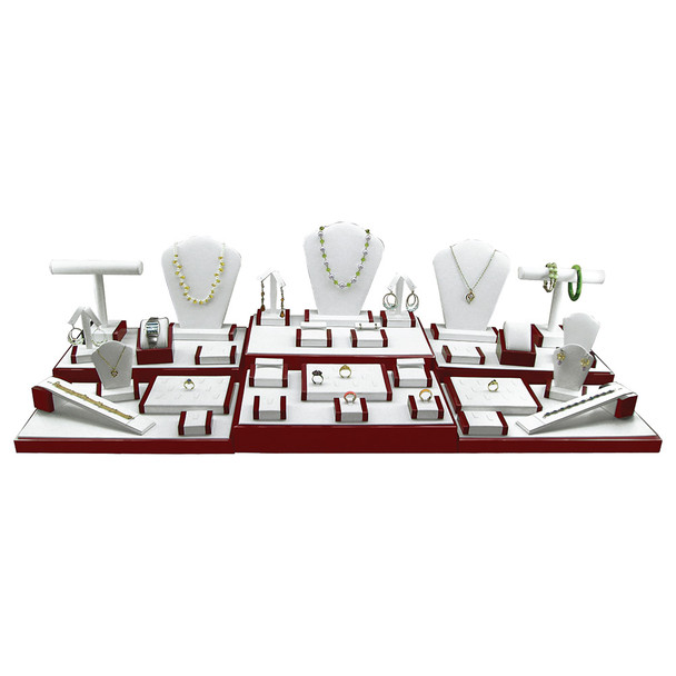 35-Pieces Display Set , 44 1/4"W x 16 1/2"D x 10 3/4"H, White Faux Leather With Rosewood Trim