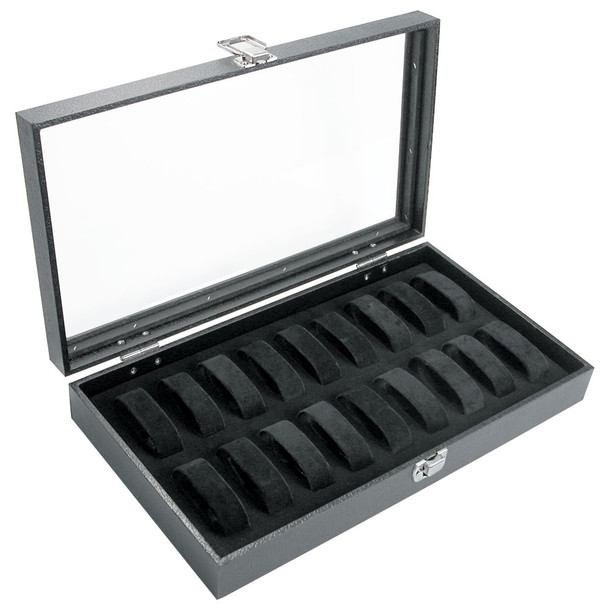 Glass top View 18-Collars Watch Case, 14 3/4" x 8 1/4" x 2 5/8"H