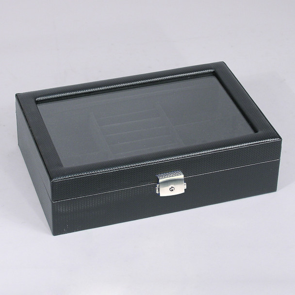 Glass top View ,8-Ring Slot/5-Compartments  Box, 11 5/8" x 8" x 3 1/4"H, Black Velvet Inside,Choose from various color