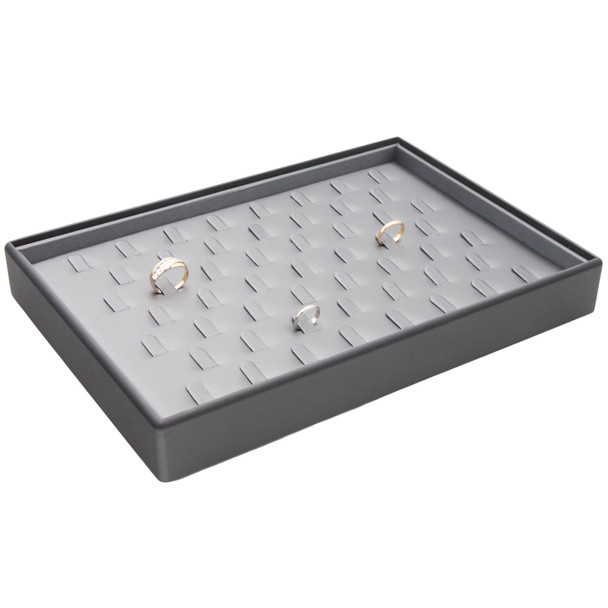 Steel Grey and Black Faux Leather Ring Display Tray with 53 Ring Clips
