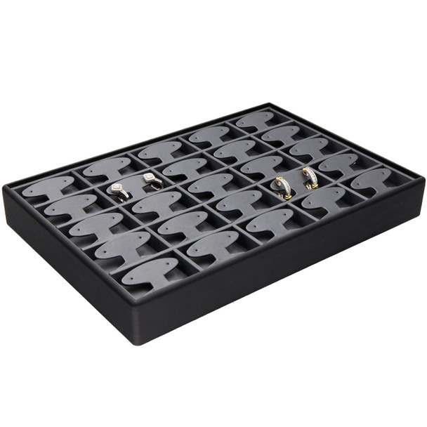 Steel Grey and Black Faux Leather Earring Display Tray – 24 Pair T-Bar Style Stackable Jewelry Showcase with Removable Pads