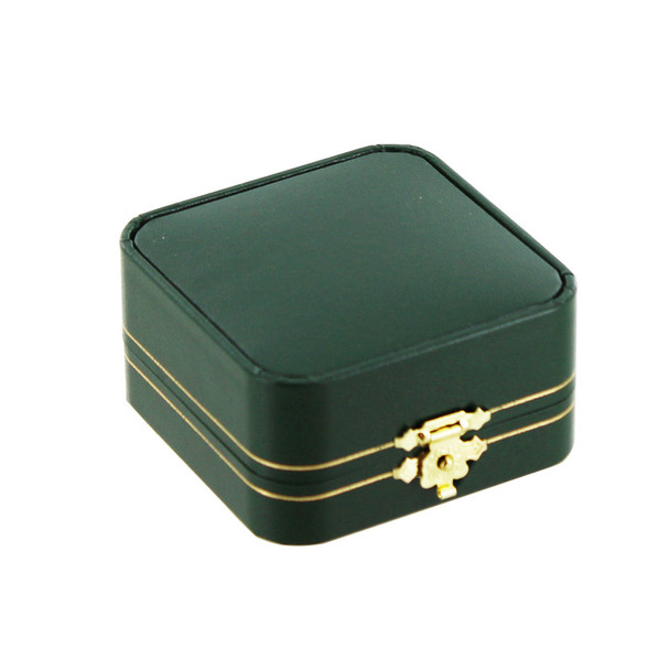 Antique Golden Latch Green Leatherette Double Ring Box, 2.87" x 2" x 1.5"H (JT5R-GN)