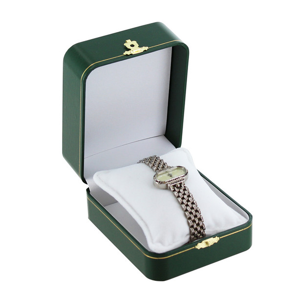 Antique Golden Latch Green Leatherette Watch Box, 3.5" x 4.37" x 2.12"H (JT8W-GN)