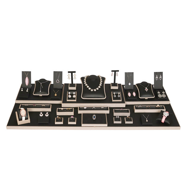 34-Piece Display Set with Black Faux Leather and Luna Gold Trim (SET94-F21)