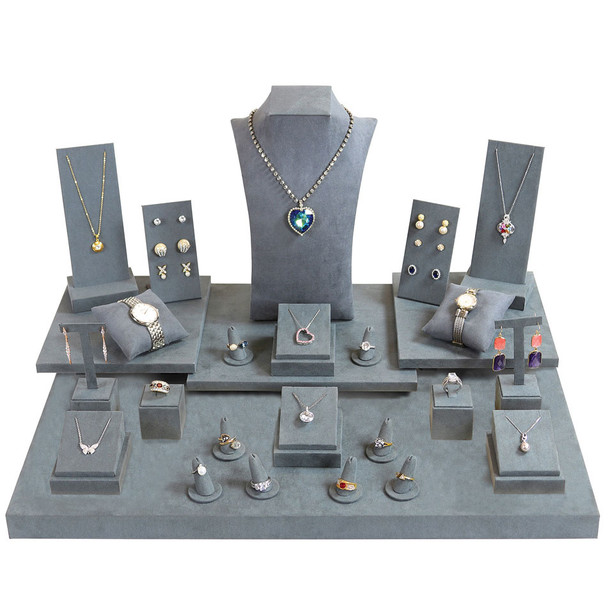 27-Piece Jewelry Display Set in Grey Faux Suede (SET93-D20)