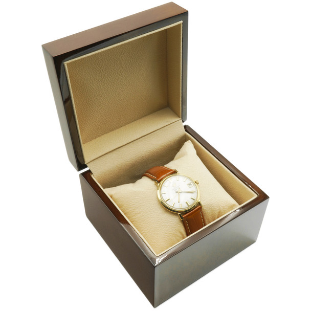 Glossy Kona Watch Box w/ Tan Faux Suede, 4 5/16” x 4 1/4” x 3 9/16”H (RWW8-64)