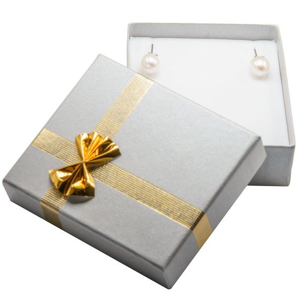 Silver Earring/Pendant Box with Shiny Gold Bow Tie, 2 3/4" x 3 1/8" x 1" (EDS7P-Silver) *PRICE FOR 24PCS
