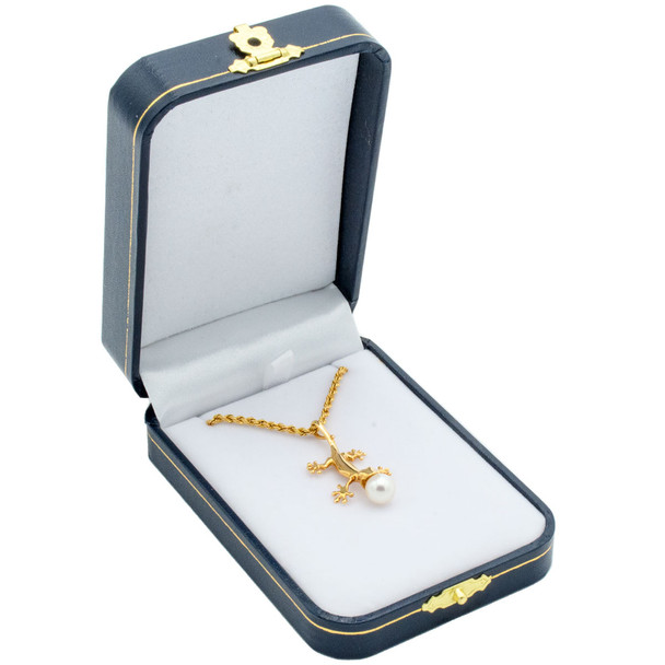 Antique Style Gold Latch Navy Blue Leatherette Pendant / Earring Box, 2.75" x 4" x 1.12"H (JT10P-BL)