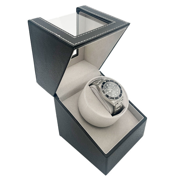 Watch Winder with Black Faux Leather Exterior and Grey Suede Interior (WC320-BK,G)