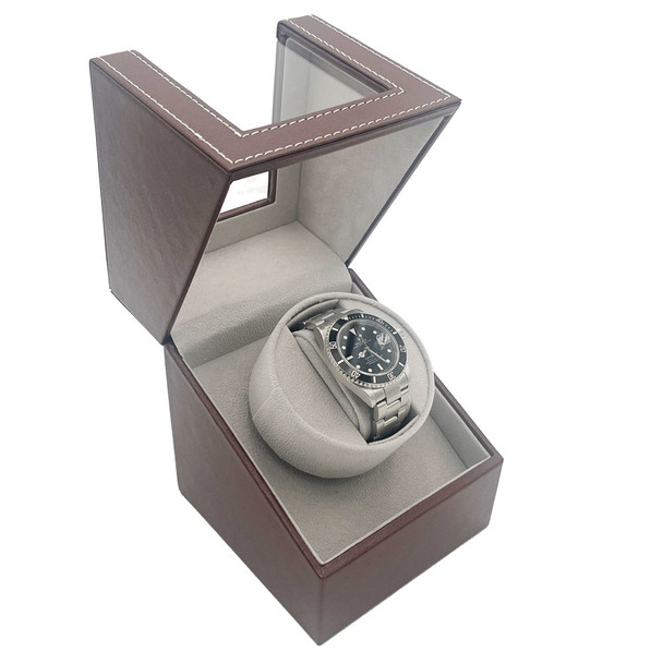 Watch Winder with Brown Faux Leather Exterior and Beige Suede Interior (WC320-BRW)