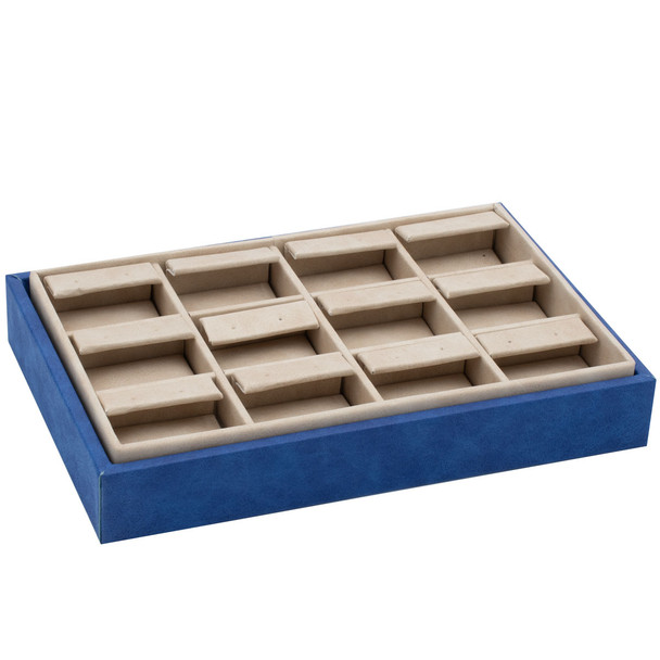 Stackable Earring Display Tray with Blue and Beige Faux Leather Holds 12 Pairs of Studs or Hoops