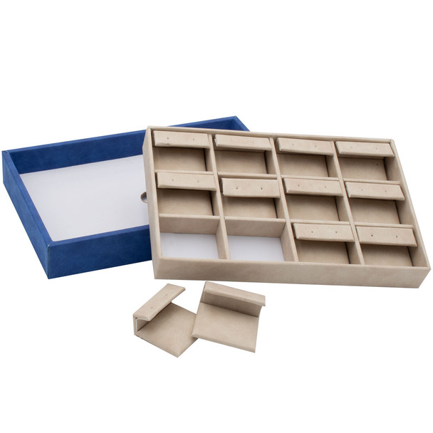 Stackable Earring Display Tray with Blue and Beige Faux Leather Holds 12 Pairs of Studs or Hoops