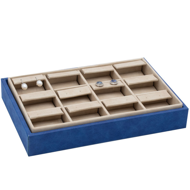 Stackable Earring Display Tray with Blue and Beige Faux Leather Holds 12 Pairs of Studs or Hoops