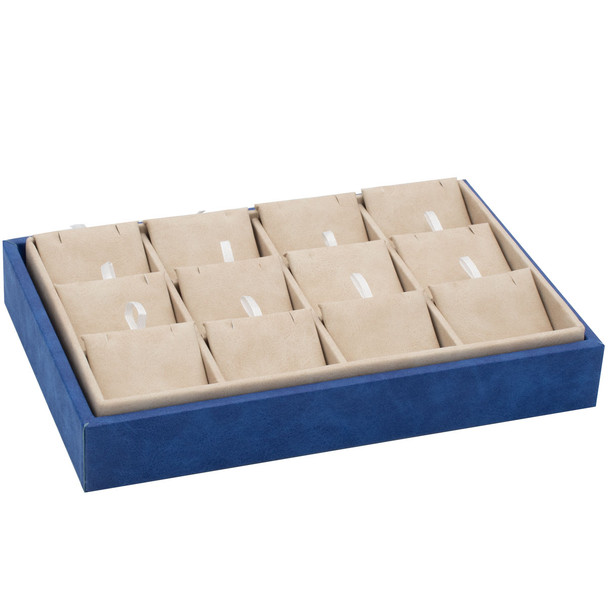 Stackable Pendant Earring Display Tray with Blue and Beige Faux Leather Has 12 Sections