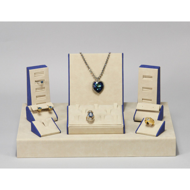 24-Piece Jewelry Display Set in Vintage Cream with Blue Faux Leather 58.75" x 10.5" x 7.75"H