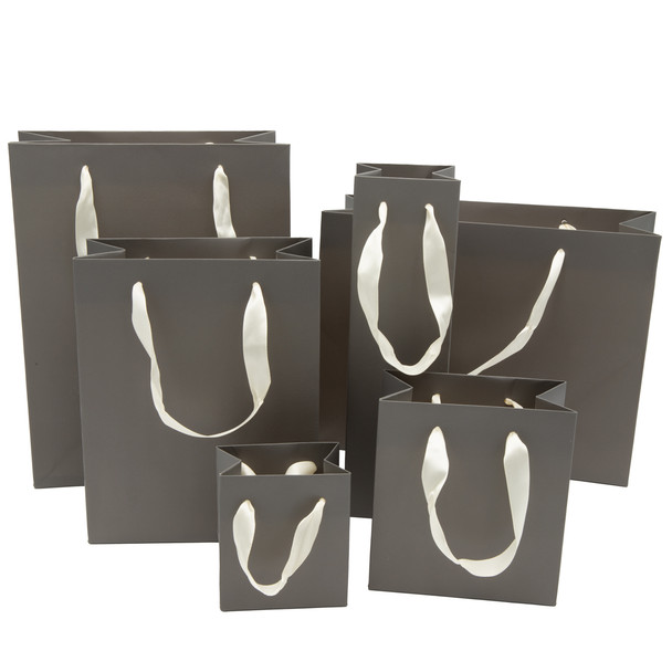 Paper Tote Gift Bag Matte Gray Color with Ribbon Handles - 20 Pieces per Pack - Choose a Size