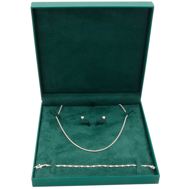 Large Necklace Earring Bracelet Combo Box Features an Emerald Green Suede Interior with Matching Green Matte Exterior - 12pcs per pack