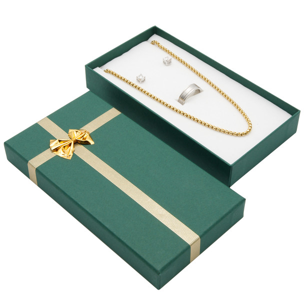 Deep Green Earring Necklace and Ring Combination Box with a Shiny Gold Bow Tie - 12 Pieces Per Pack