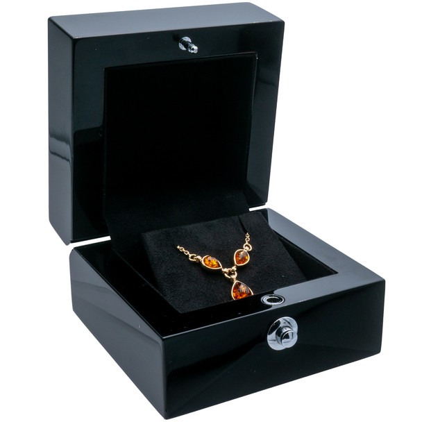Pendant Earring Box with Glossy Black Wood Finish and Stainless Steel Button