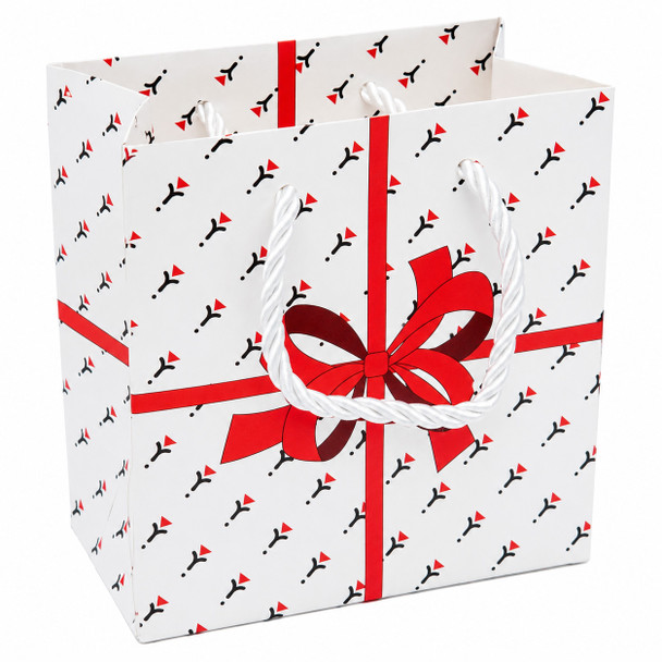 Paper Tote Gift Bag with Red Bow Tie Print and Satin Rope Handles - 20 Pieces per Pack - Choose a Size