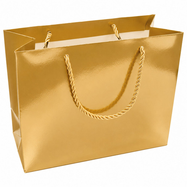 Paper Tote Gift Bag with Gold Glossy Finish and Satin Rope Handles - 20 Pieces per Pack - Choose a Size