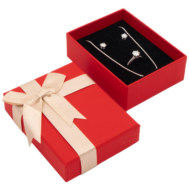 Red Premium Two Piece Pendant-Ring-Earring Combination Box with a Satin Bow Tie ~ 18 Pieces Per Pack