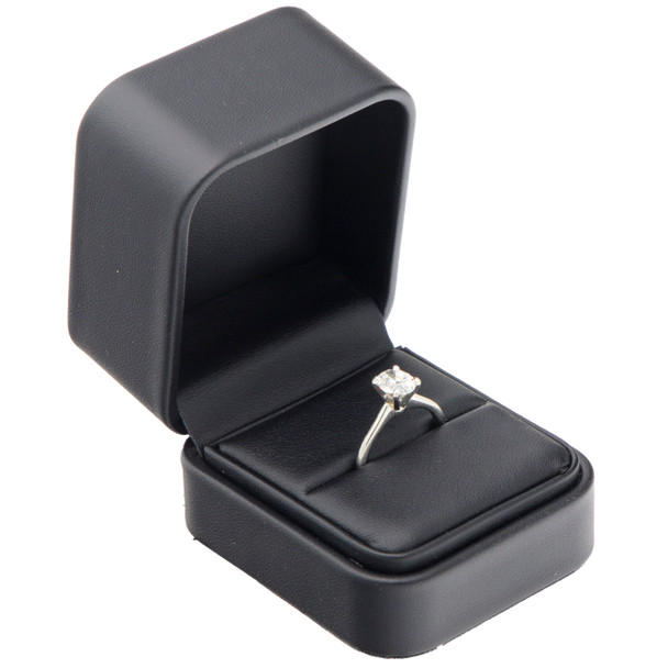 Black Luxury Leatherette Ring Box with Rounded Corners – Elegant for Proposals and Engagements - (RCR3-BK)