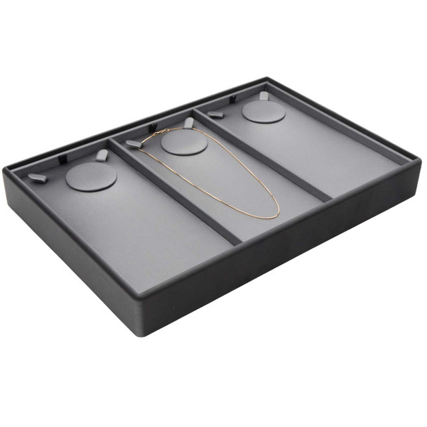 Steel Grey Faux Leather Necklace and Chain Display Tray with Removable Sections and Stackable Beveled Base
