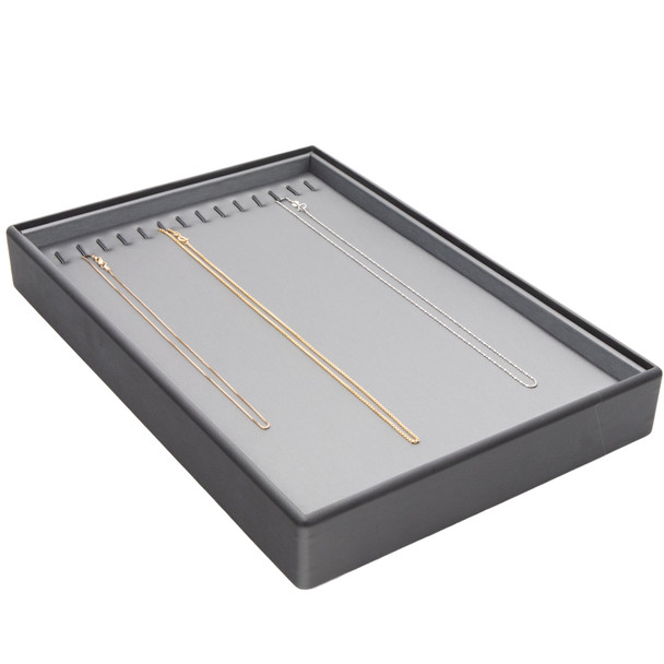 Steel Grey Faux Leather Chain Display Tray with 14 Bendable Wire Hooks – Stackable Jewelry Chain & Necklace Organizer