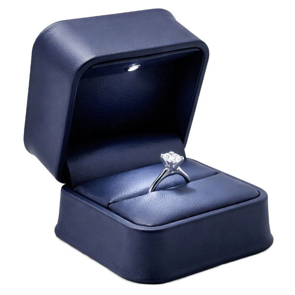 LED Lighted Blue Faux Leather Ring Box with Cushion Slot & White Outer Packer – Wholesale Jewelry Packaging