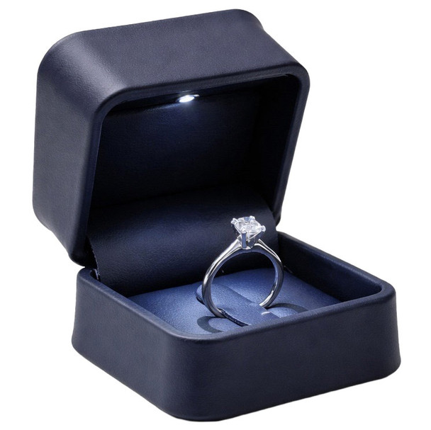 LED Lighted Blue Faux Leather Ring Box with Full-View Ring Clip & White Outer Packer – Wholesale Jewelry Packaging
