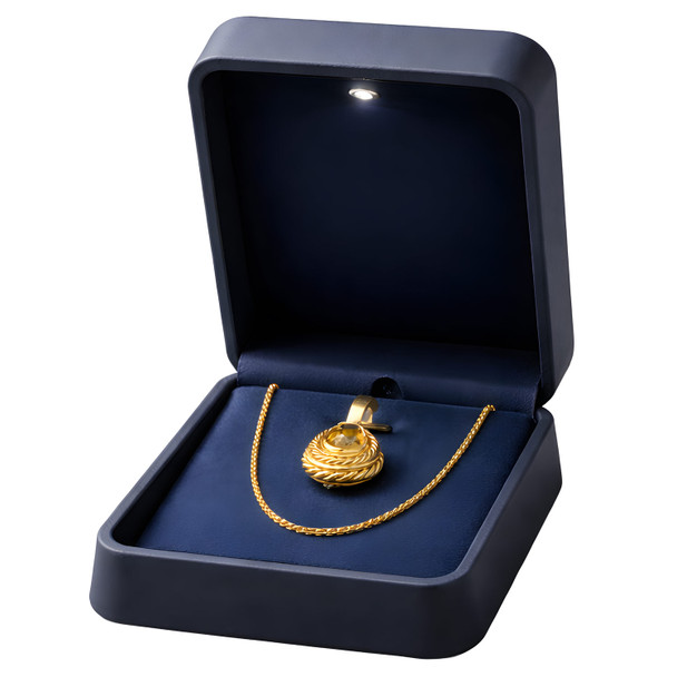 LED Lighted Blue Faux Leather Pendant & Chain Box with Bendable Wire Insert & White Outer Packer – Wholesale Jewelry Packaging