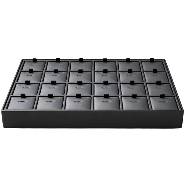Steel Grey and Black Faux Leather Pendant and Chain Display Tray – 24 Section Stackable Jewelry Showcase with Removable Pads