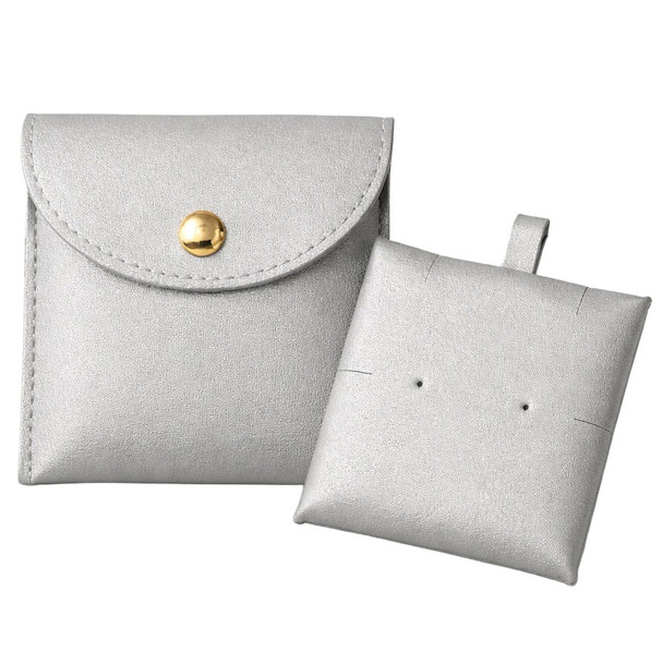 Snap Button Silver Jewelry Pouch with Removable Display Card – Stud, Dangle & Chain Holder – 10 Pack – Custom Logo Hot Stamp Available