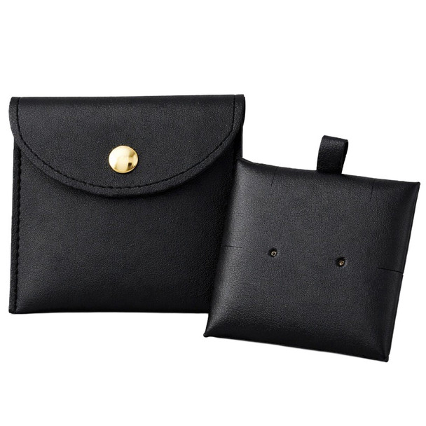 Snap Button Black Jewelry Pouch with Removable Display Card – Stud, Dangle & Chain Holder – 10 Pack – Custom Logo Hot Stamp Available