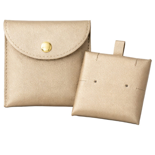Snap Button Gold Jewelry Pouch with Removable Display Card – Stud, Dangle & Chain Holder – 10 Pack – Custom Logo Hot Stamp Available