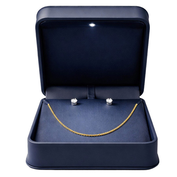 LED Lighted Blue Faux Leather Combination Pendant & Earring Box with Reversible Insert & White Outer Packer – Wholesale Jewelry Packaging
