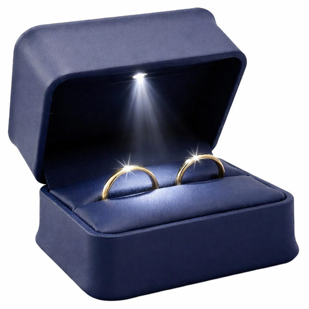 LED Lighted Blue Faux Leather Double Ring Box for Wedding Bands & Bridal Sets with White Outer Packer – Wholesale Jewelry Packaging