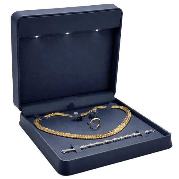 LED Lighted Blue Faux Leather Large Necklace & Jewelry Set Box with Triple LED Lights & White Outer Packer – Wholesale Jewelry Packaging