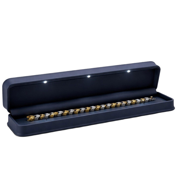 LED Lighted Blue Faux Leather Bracelet Box with Triple LED Lights & White Outer Packer – Wholesale Jewelry Packaging