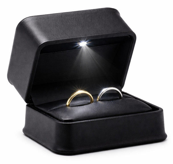 LED Lighted Black Faux Leather Double Ring Box for Wedding Bands & Bridal Sets with Black Outer Packer – Wholesale Jewelry Packaging