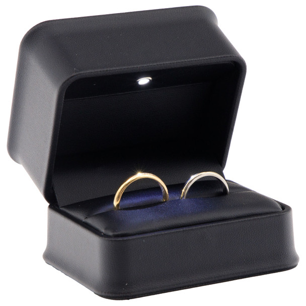 LED Lighted Black Faux Leather Double Ring Box for Wedding Bands & Bridal Sets with White Outer Packer – Wholesale Jewelry Packaging