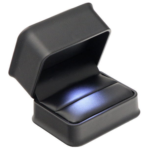 LED Lighted Black Faux Leather Double Ring Box for Wedding Bands & Bridal Sets with White Outer Packer – Wholesale Jewelry Packaging