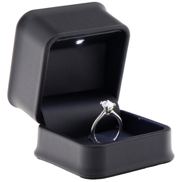 LED Lighted Black Faux Leather Ring Clip Jewelry Box – Illuminated Engagement Ring Presentation Box with White Outer Packer