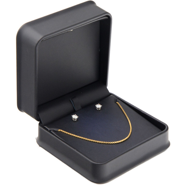 LED Lighted Black Faux Leather Pendant & Earring Jewelry Box – Illuminated Necklace and Earring Set Presentation Box with Black Outer Packer